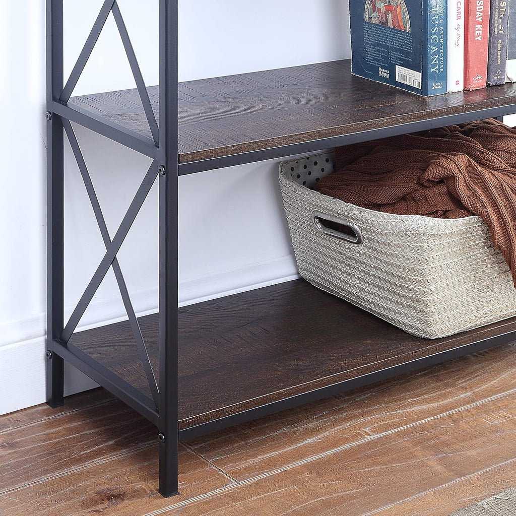 5-Tier Walnut Finish Metal Bookcase with Drawer O2373