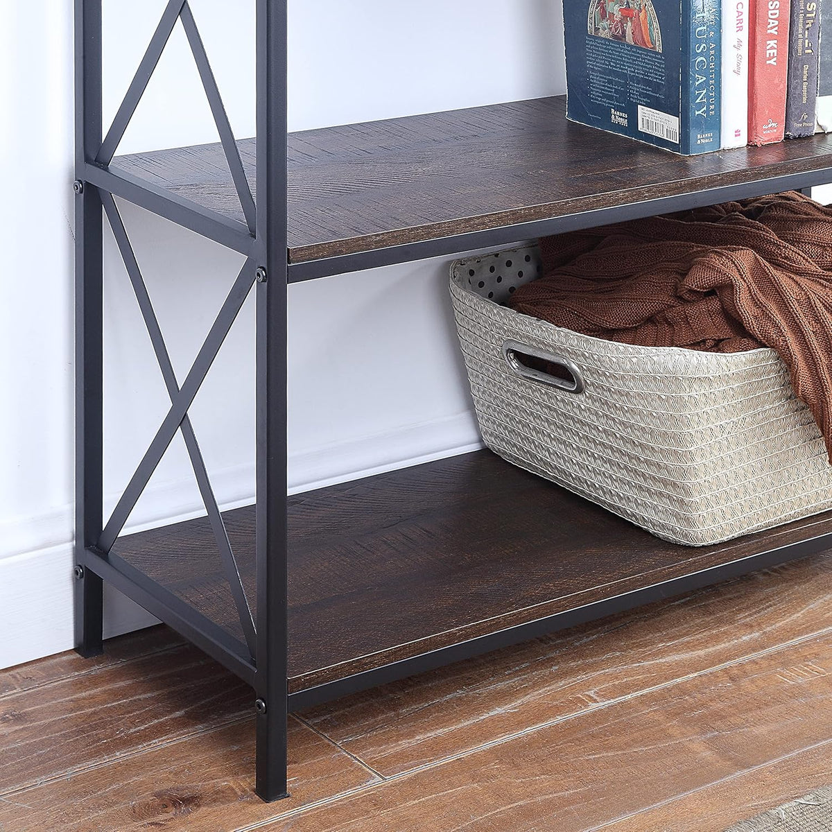 5-Tier Walnut Finish Metal Bookcase with Drawer O2373