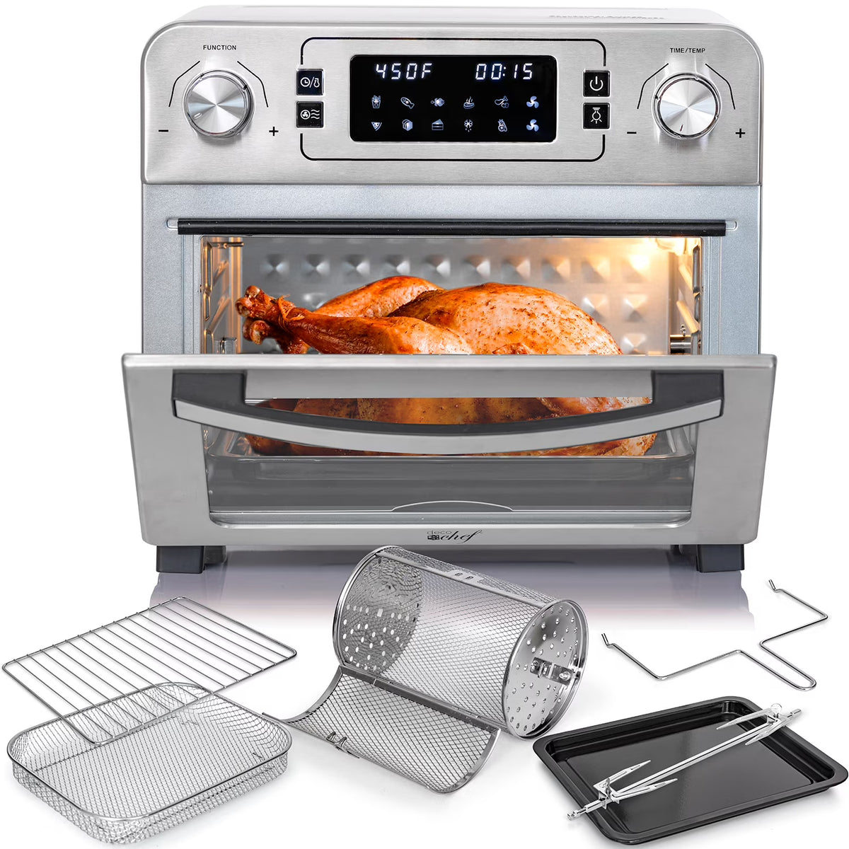 Open Box 24 QT Stainless Steel Countertop Toaster Oven with Air Fryer and Rotisserie Assembly F302