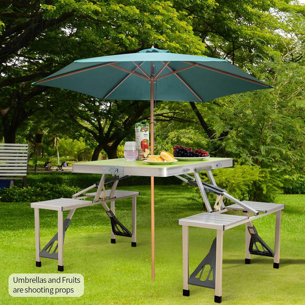 Green Folding Camping Table with 4 Seats Set, Aluminum, 33.8x26.4x26.4 inch W2016