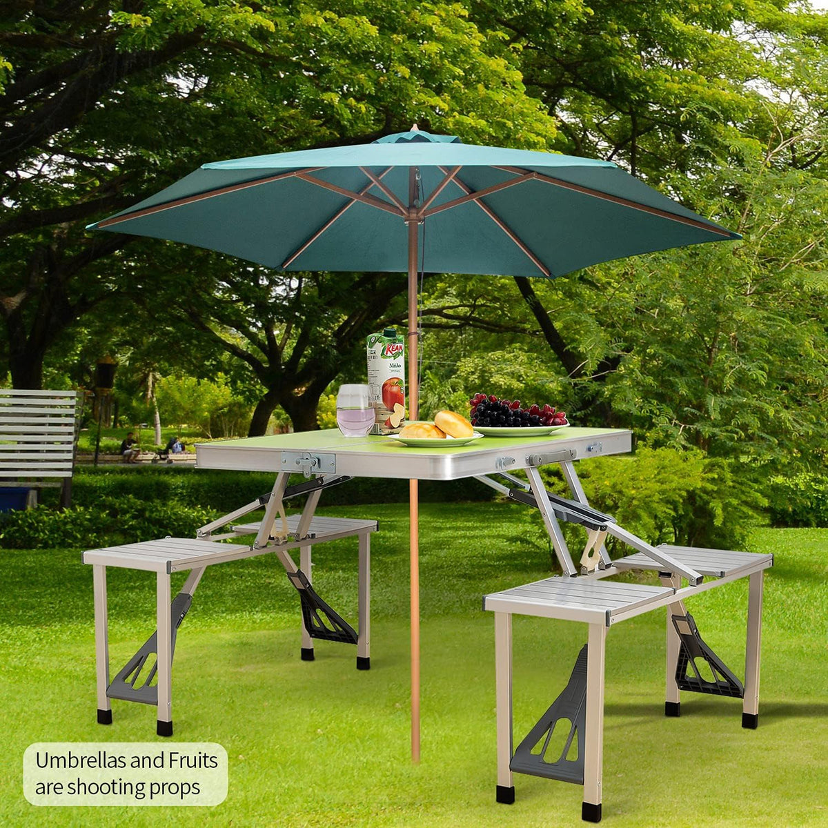 Green Folding Camping Table with 4 Seats Set, Aluminum, 33.8x26.4x26.4 inch W2016