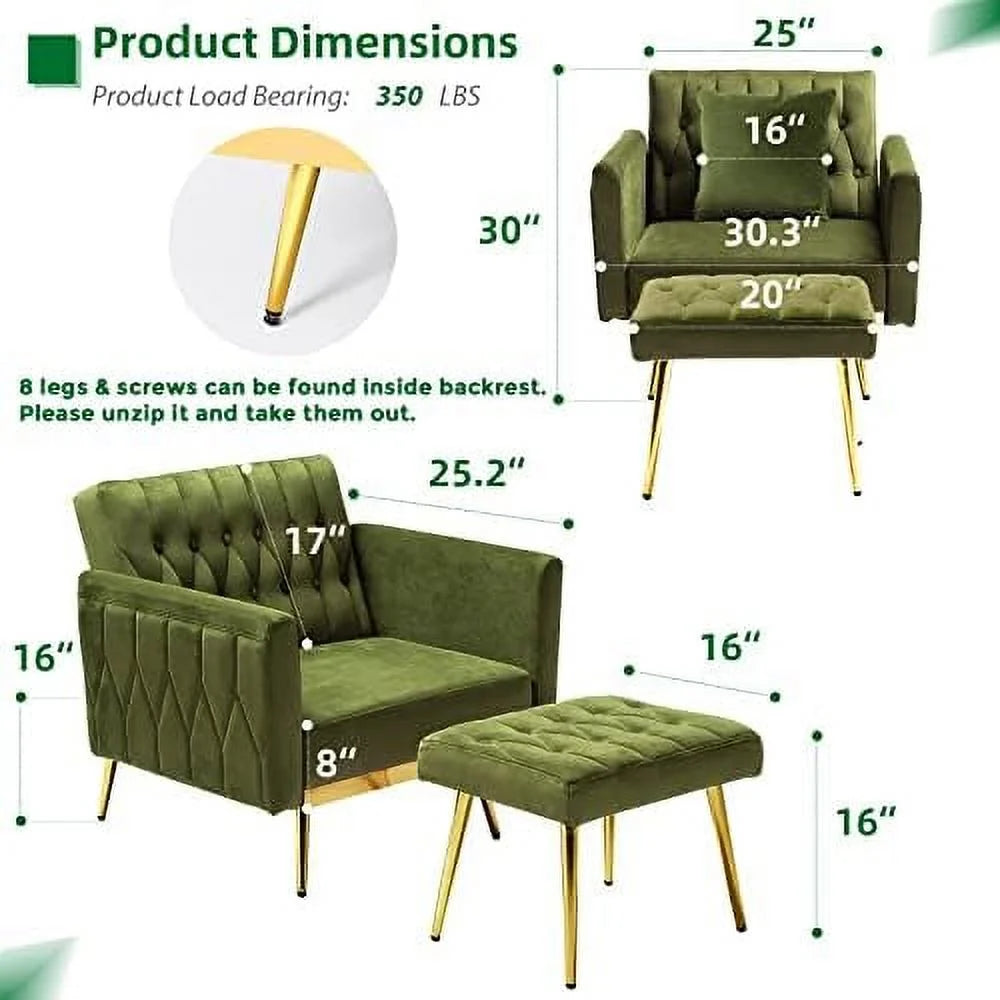 Olive Green Velvet Single Recliner Armchair with Ottoman and Pillow O28773