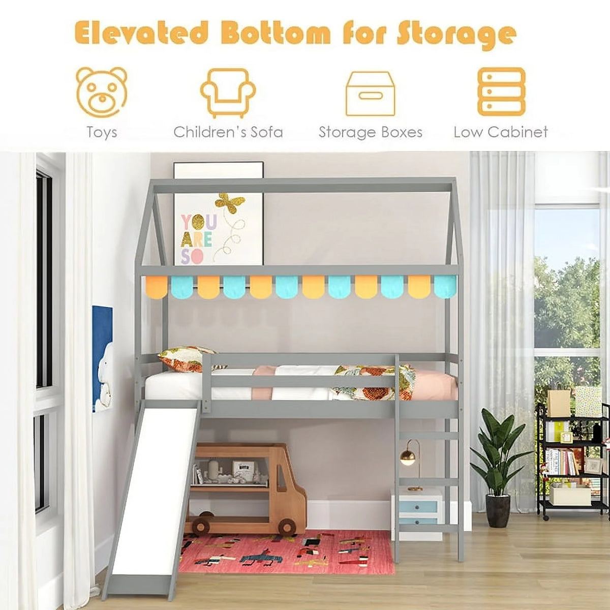 Twin Wood Loft Bed with Slide and Ladder G2655