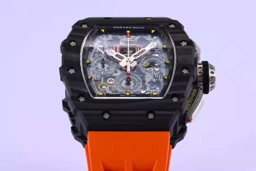 Skeleton Dial Black Bezel Orange Rubber Strap O555