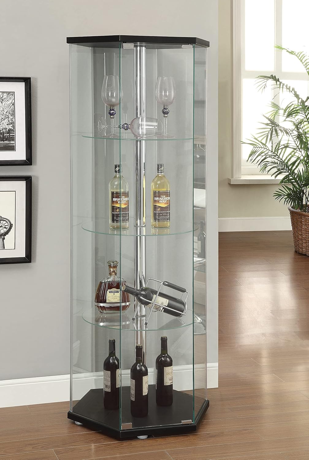 Hexagon Shaped Curio Cabinet Black and Clear V403290