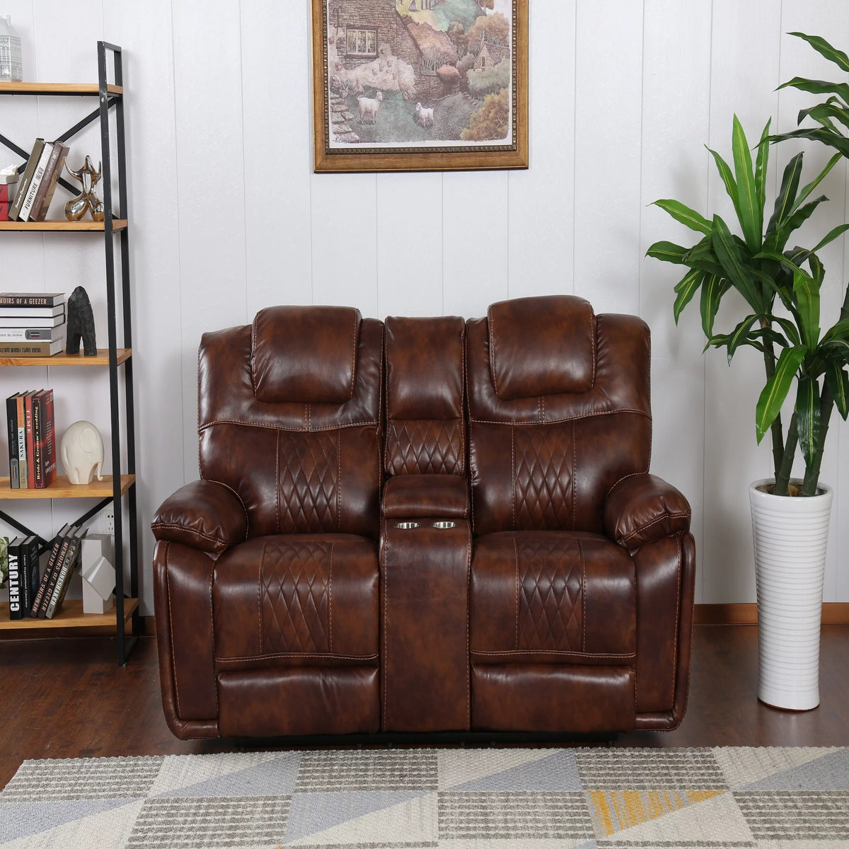 Rich Brown Leather Power Dual Reclining Loveseat with Center Console H589958