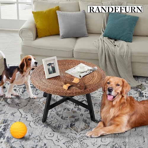 Natural Seagrass Round Coffee Table with Solid Wood Base, 32 x 17 Inches B733834