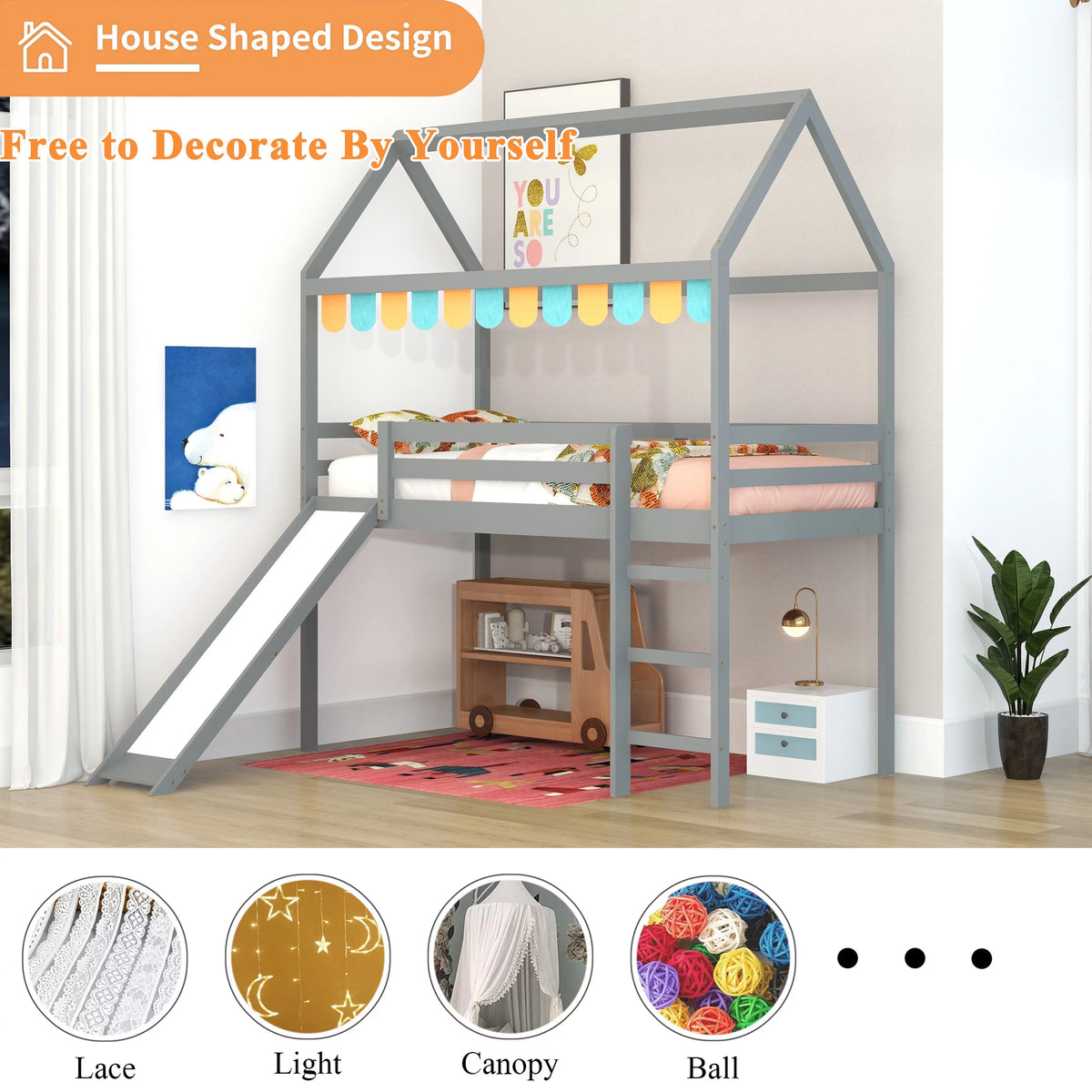 Twin Wood Loft Bed with Slide and Ladder G2655