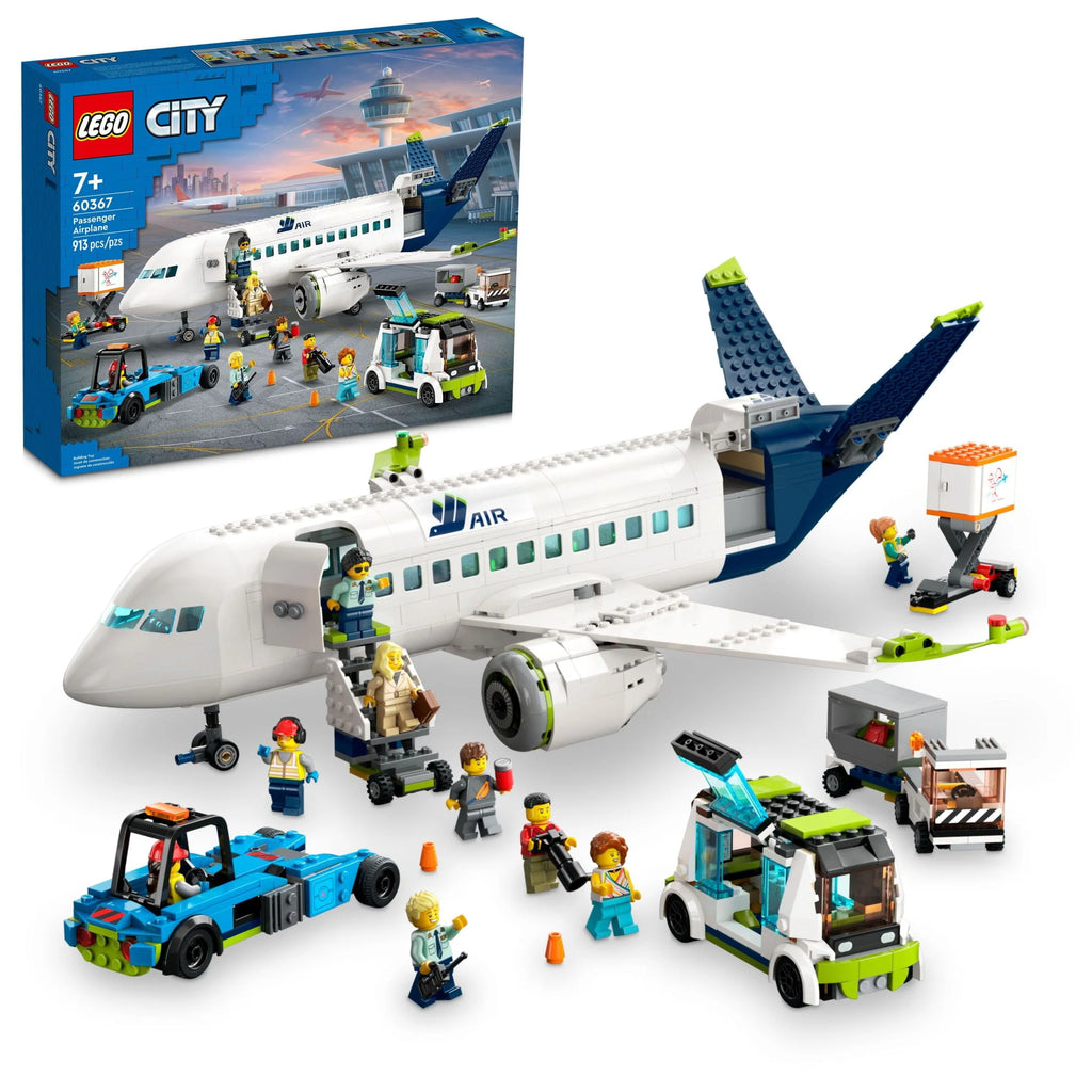 LEGO City Passenger Airplane Building Toy Set with Large Airplane, Passenger Bus, Luggage Truck, Container Loader, and 9 Minifigures C845