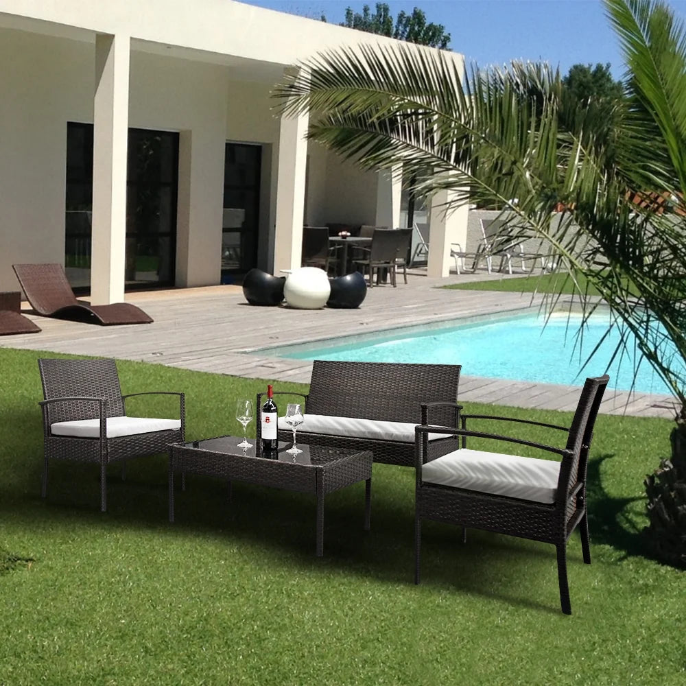 4 Pieces Rattan Cushioned Sofa and Chair Set with Table R55418