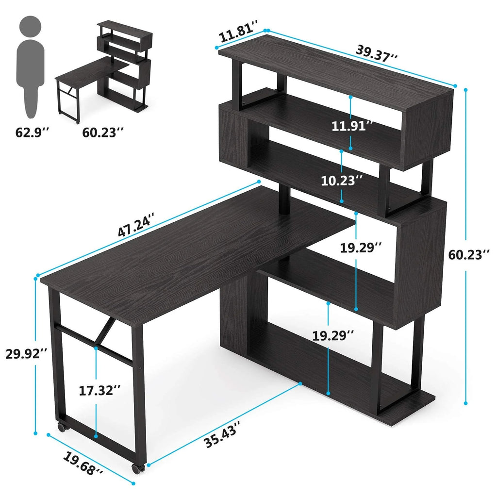 L Shaped Desk with Storage Bookshelf Black J443