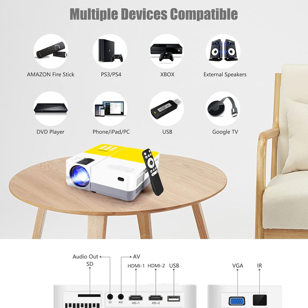 Mini Projector, 55000 Hours Full HD 1080P Supported Portable Video Projector T7011