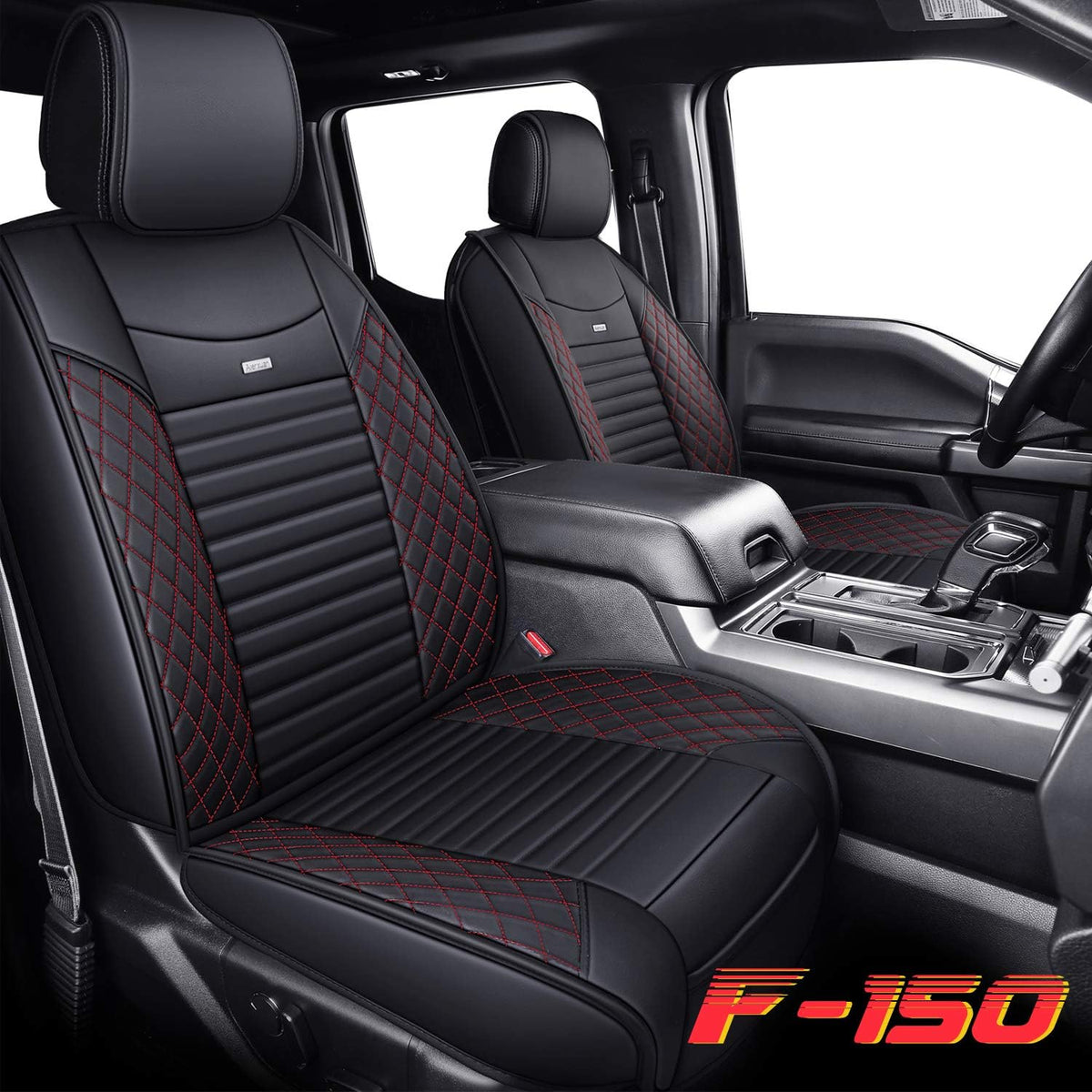 Waterproof Leather Truck Seat Covers Full Set Black-Red Y197