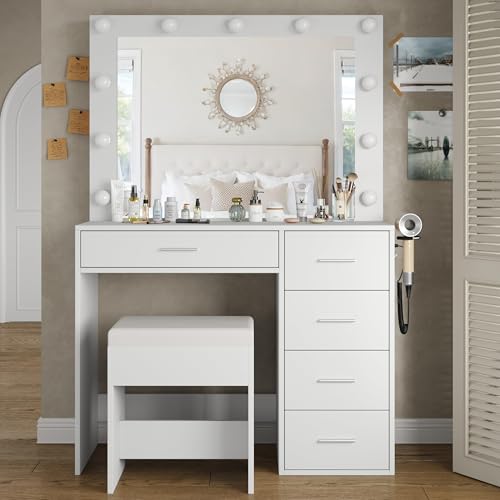 White Vanity Desk with Mirror and 11 Drawers A686