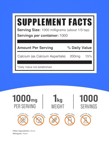 Calcium Aspartate Powder 1000mg (200mg Calcium) per Serving, 500g (1.1 lbs) X283