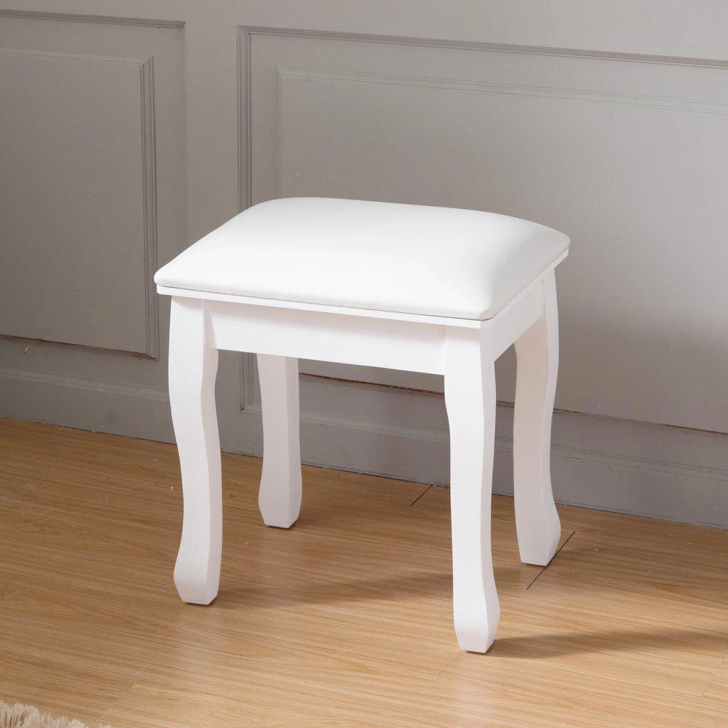 White Wood Vanity Stool with Cushion I129528