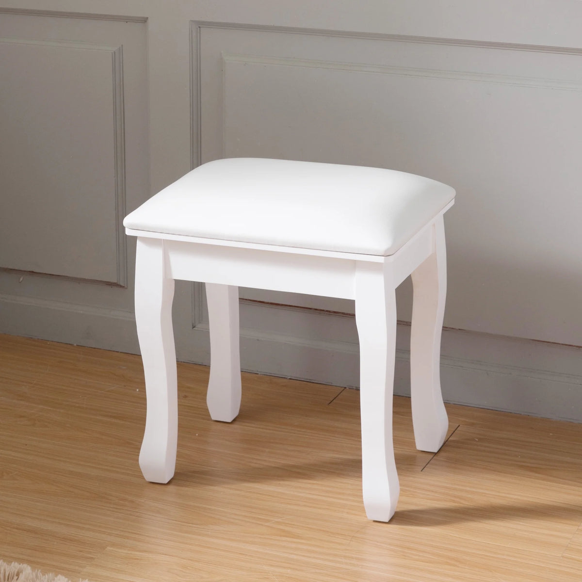 White Wood Vanity Stool with Cushion I129528