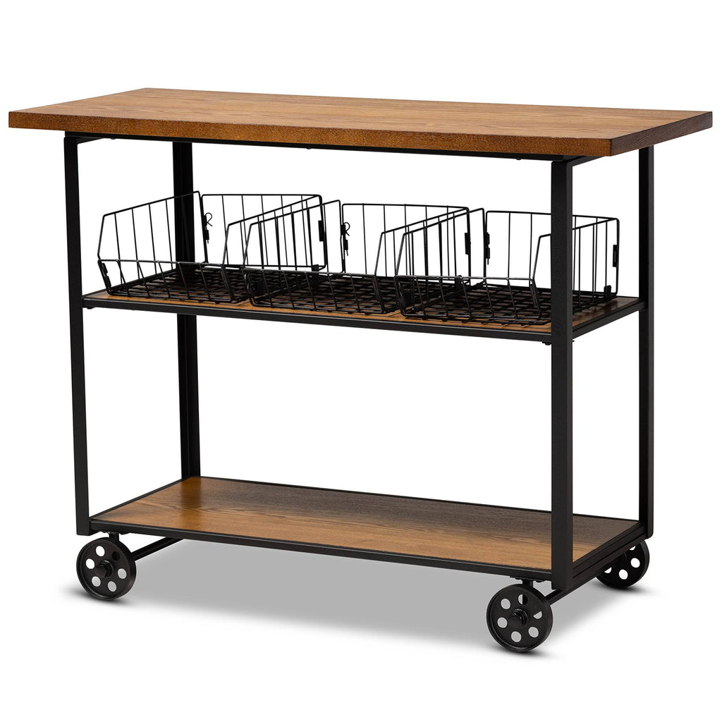 Walnut Brown Finished Wood and Black Finished Metal Console Cart J56962