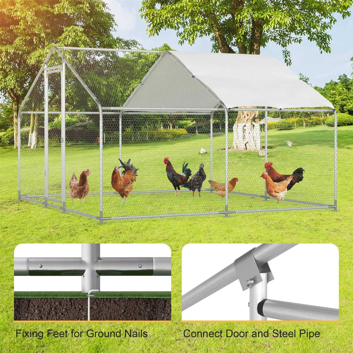 Chicken Coop Large Metal Run for 20 Chickens Walk in Poultry Cage Hen House with Waterproof Cover L204