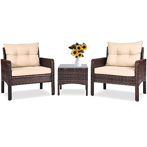 3 Piece Brown Rattan Patio Furniture Set with Cushions E106970