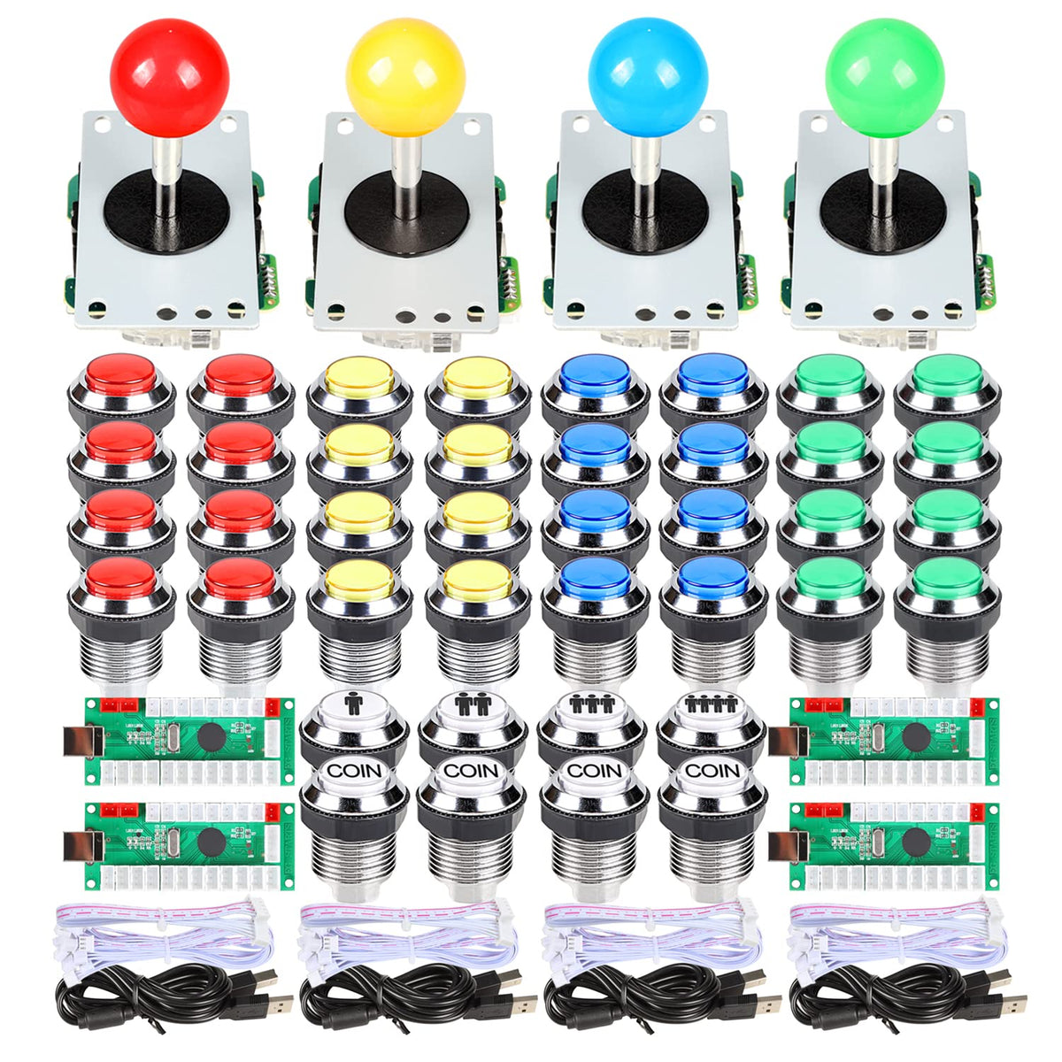4 Player LED Arcade DIY Kit USB MAME PC Game Retro Controller Including 4x Arcade Joystick 40x LED Chrome Arcade Buttons 4x Zero Delay USB Encoder S319302