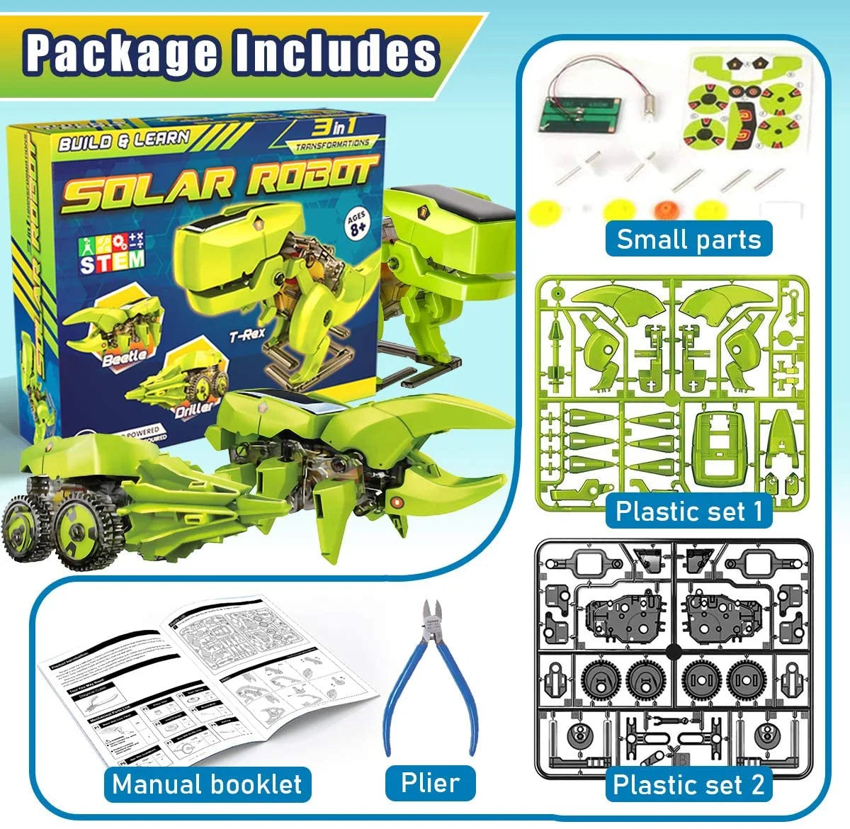 Solar Robot Kit 3-in-1 STEM Projects Robot Kit, Education Science Experiment Kit for Kids Aged 8-12 and Older U765