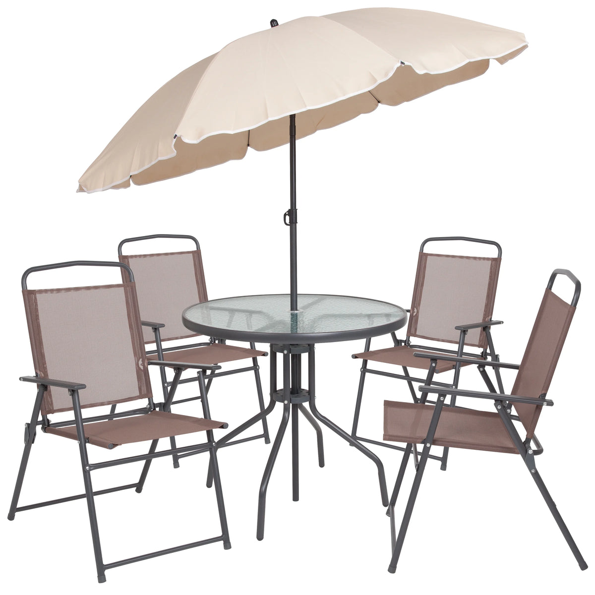 6-Piece Patio Set with Glass Table, Umbrella, and 4 Folding Chairs, Black T737