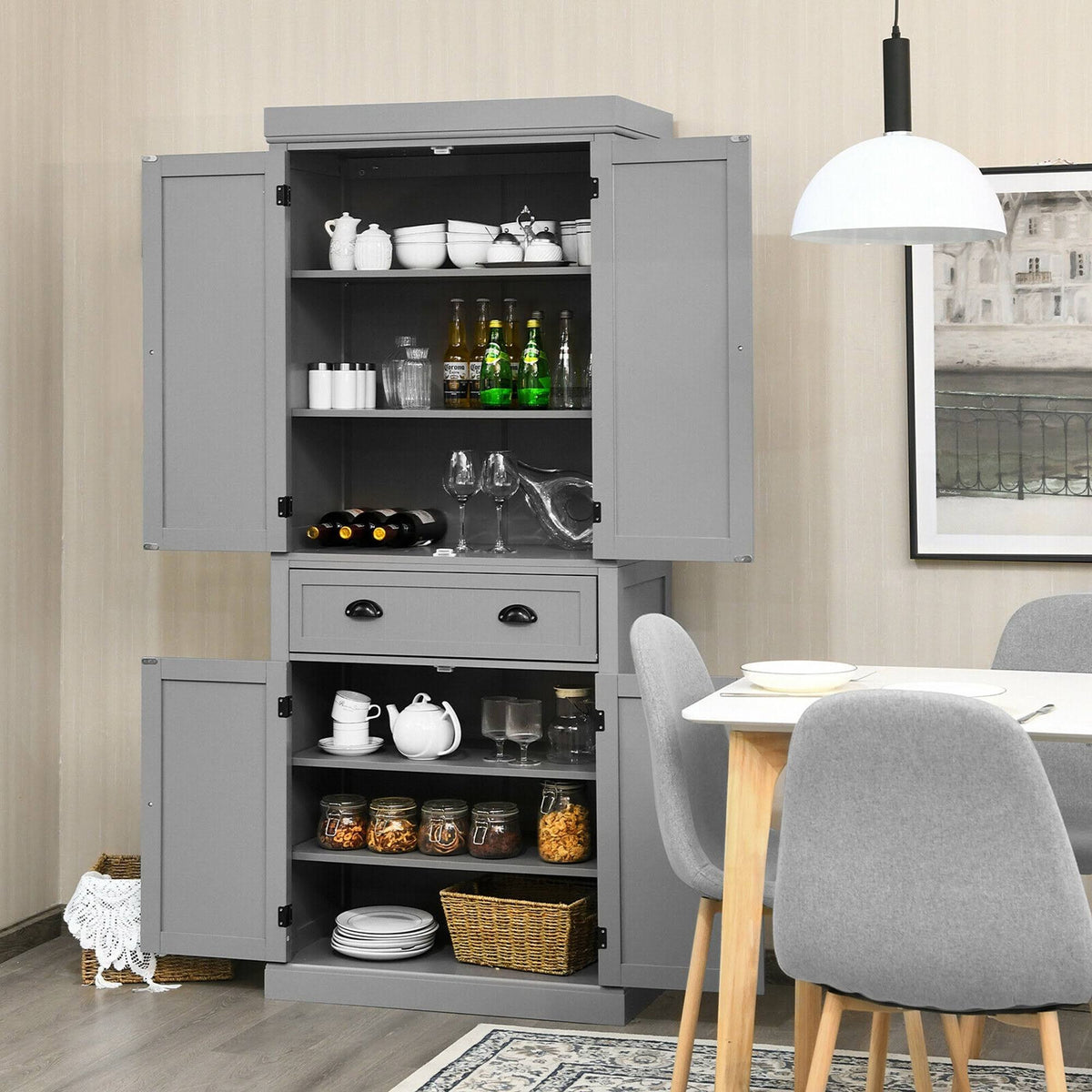 Grey Freestanding Kitchen Cabinet Pantry Cupboard with Shelves J541