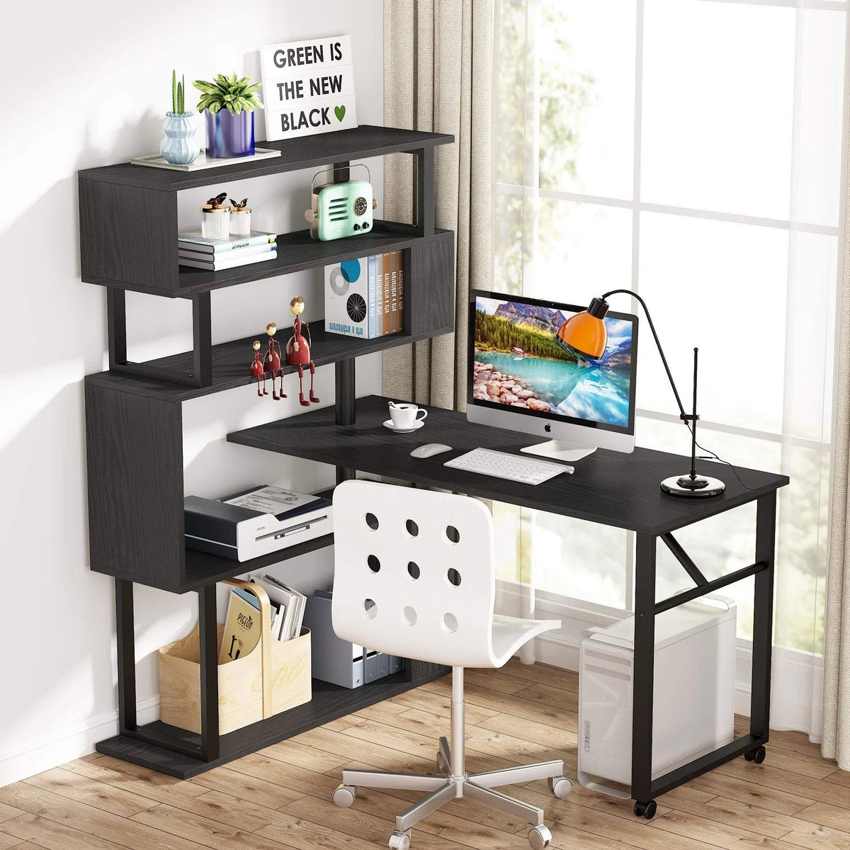 L Shaped Desk with Storage Bookshelf Black J443