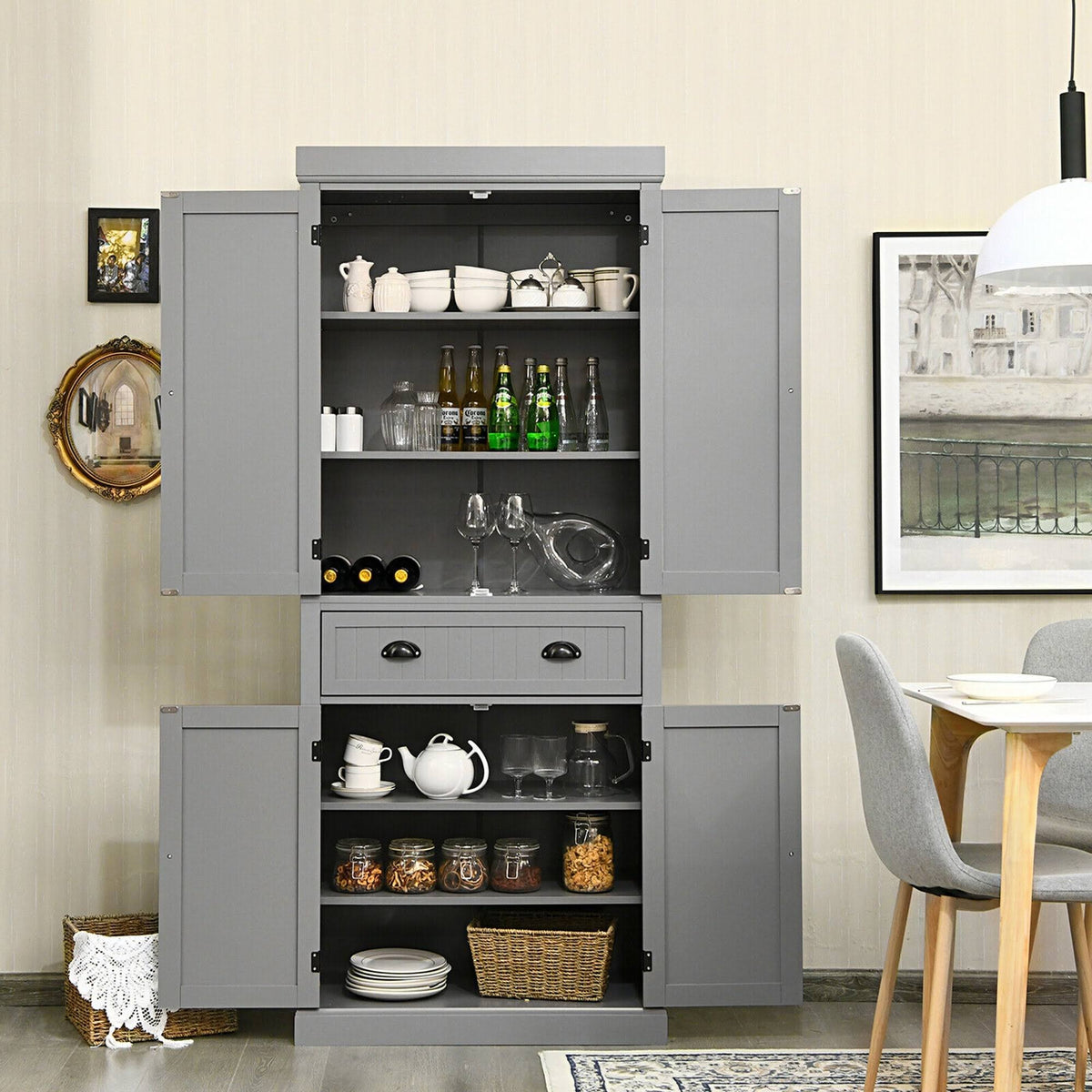 Grey Freestanding Kitchen Cabinet Pantry Cupboard with Shelves J541