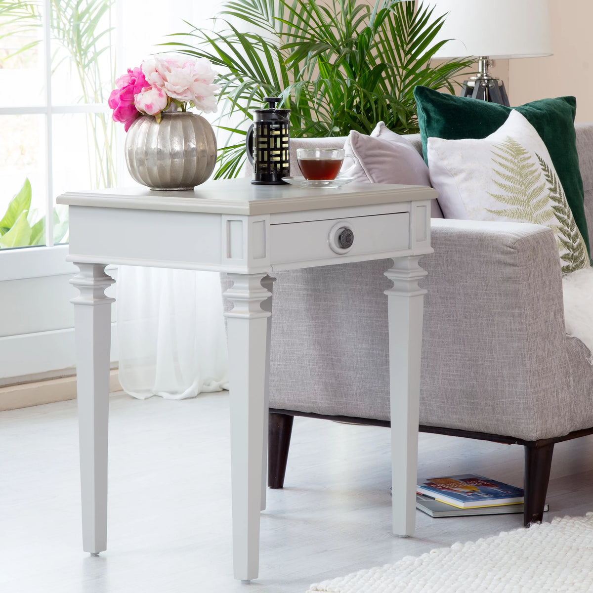 Light Gray Solid Wood End Table Nightstand with Drawer L478