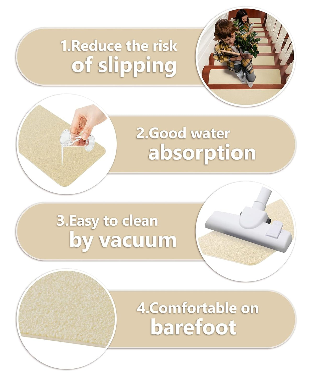 14 Pcs Beige Non Slip Stair Treads with TPE Backing D42113