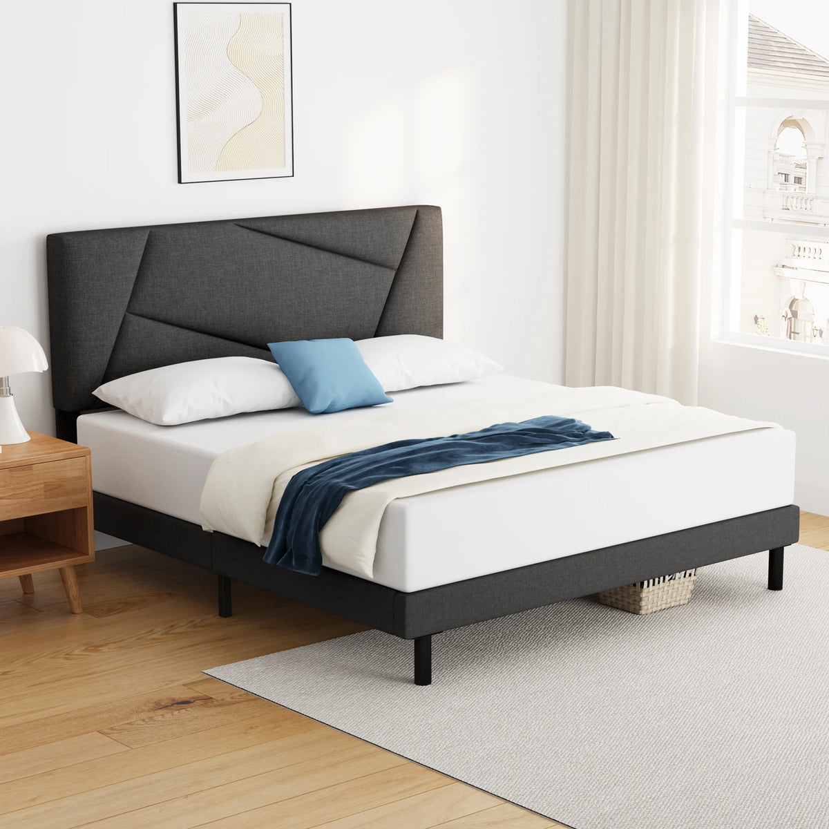 Queen Size Fabric Upholstered Platform Bed Frame C8277