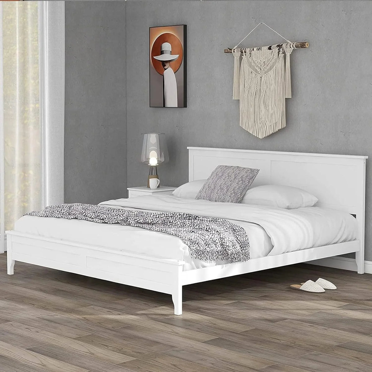 King Size White Platform Bed Frame with Headboard C870