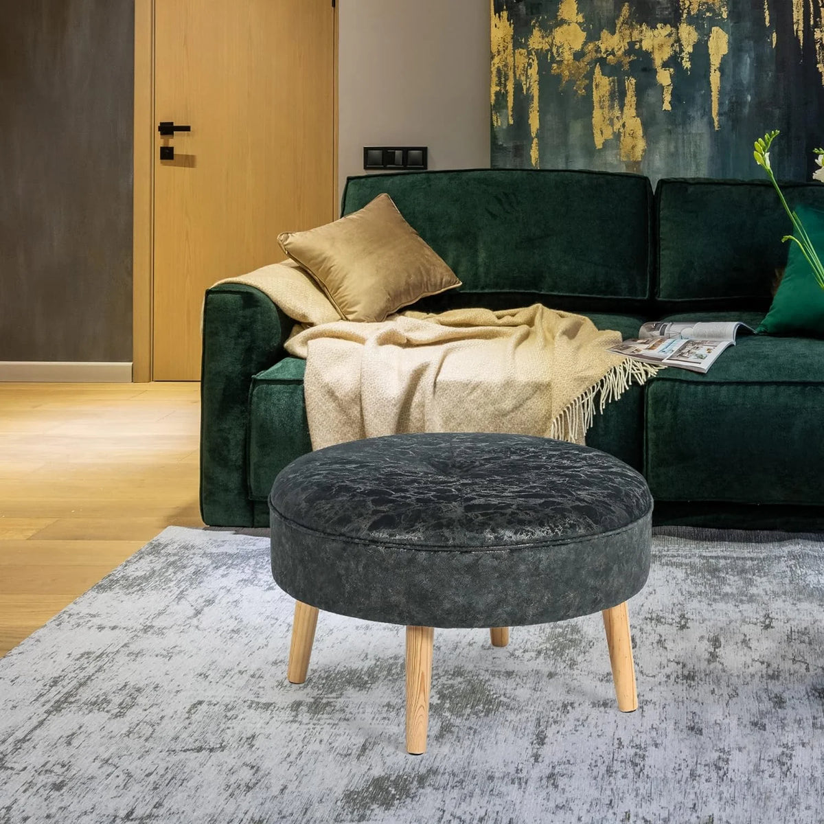 Small Round Velvet Ottoman with Wooden Legs L6725
