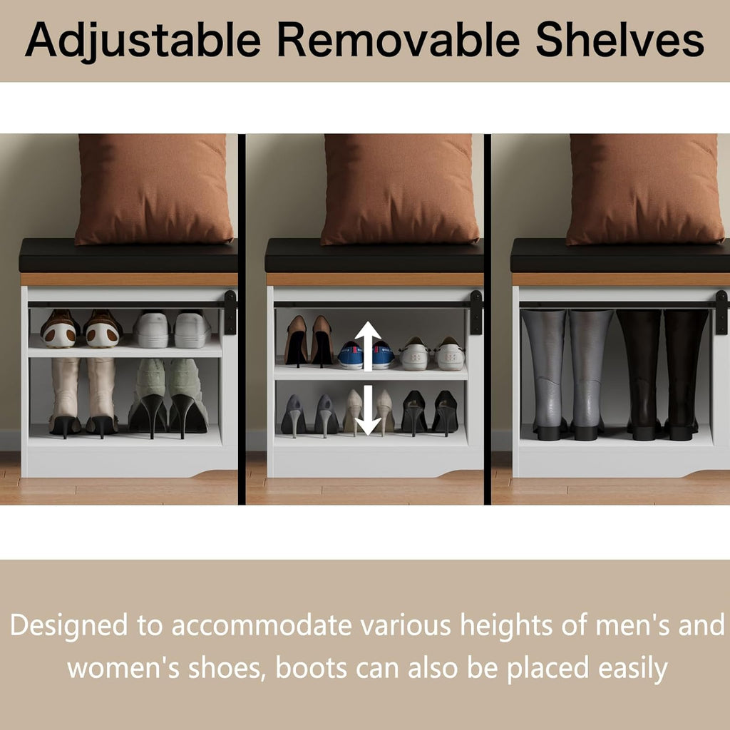 Shoe Storage Bench with Padded Seat Cushion and Sliding Barn Doors R25361
