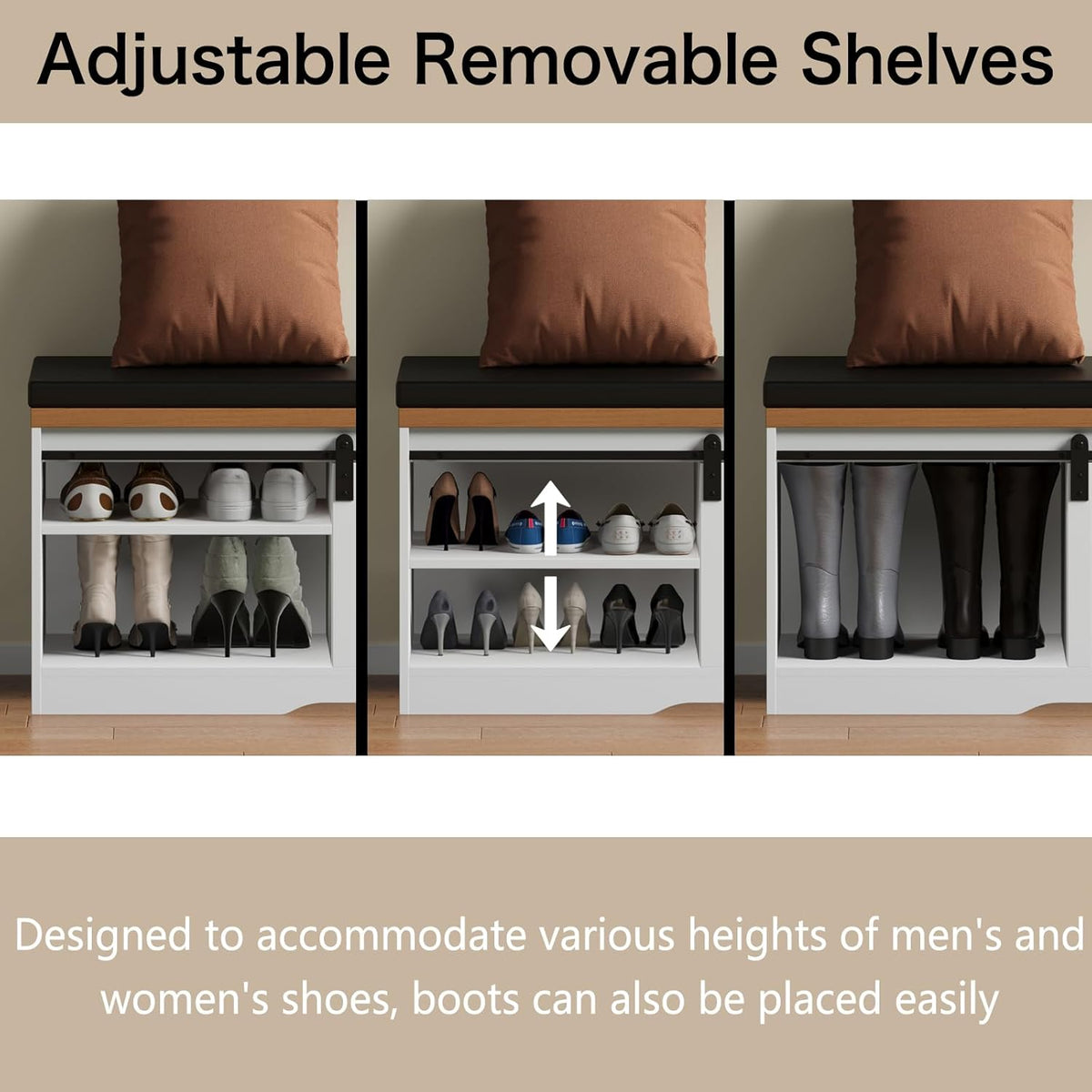 Shoe Storage Bench with Padded Seat Cushion and Sliding Barn Doors R25361