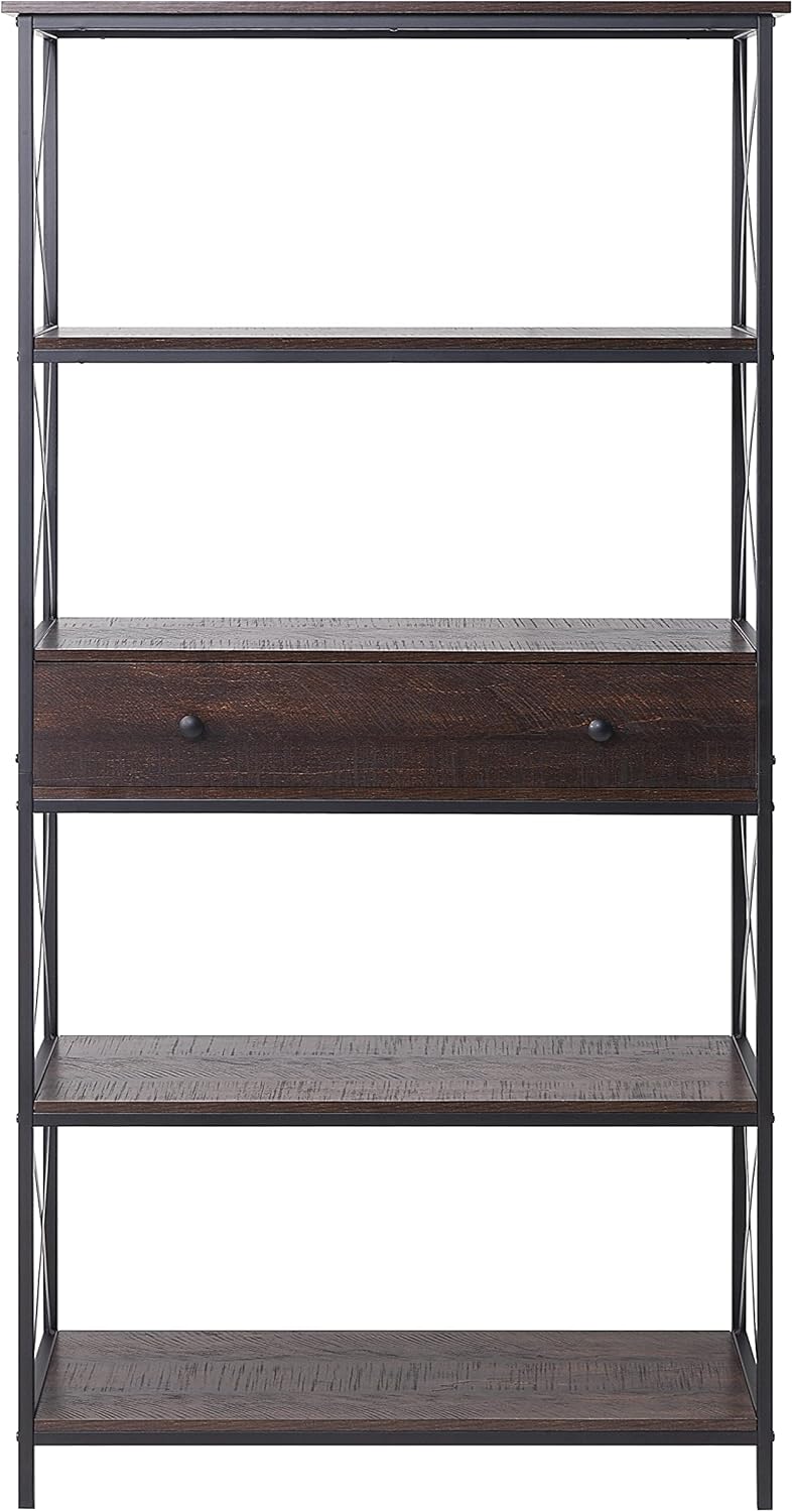 5-Tier Walnut Finish Metal Bookcase with Drawer O2373