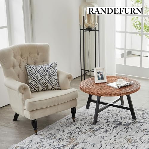 Natural Seagrass Round Coffee Table with Solid Wood Base, 32 x 17 Inches B733834
