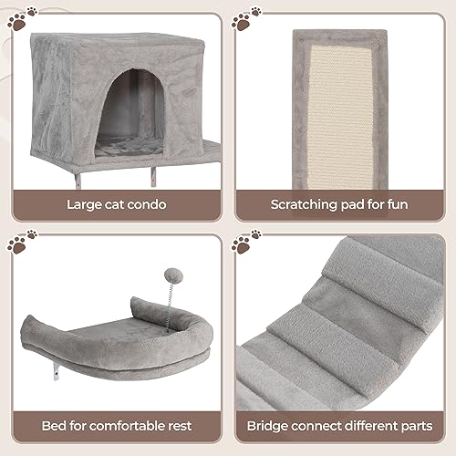 8-in-1 Cat Wall Furniture Set with Tree, Perch, Scratching Post and Bridge J920