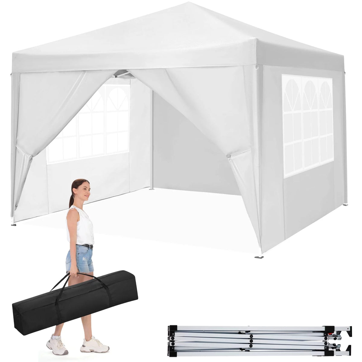 10'x 10' Pop up Canopy with 4 Removable Sidewalls & Carrying Bag, White M368422