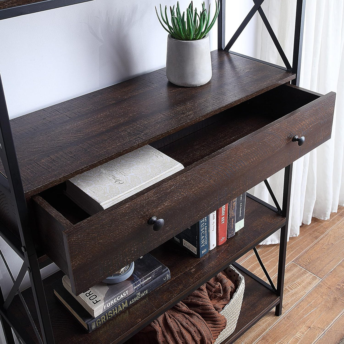 5-Tier Walnut Finish Metal Bookcase with Drawer O2373