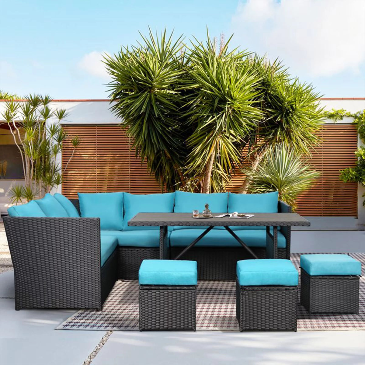 7-Piece Rattan Wicker Sectional Sofa and Dining Table Set A808