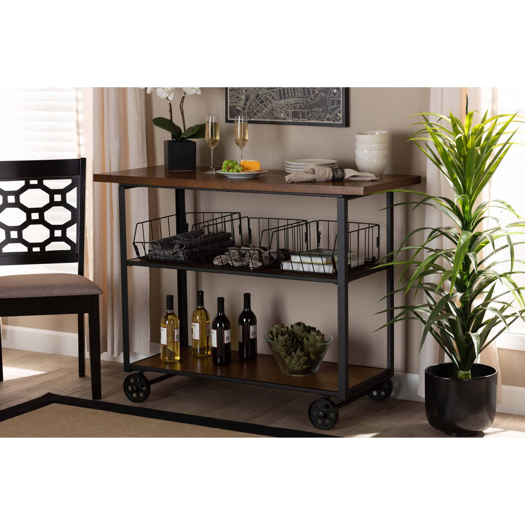 Walnut Brown Finished Wood and Black Finished Metal Console Cart J56962