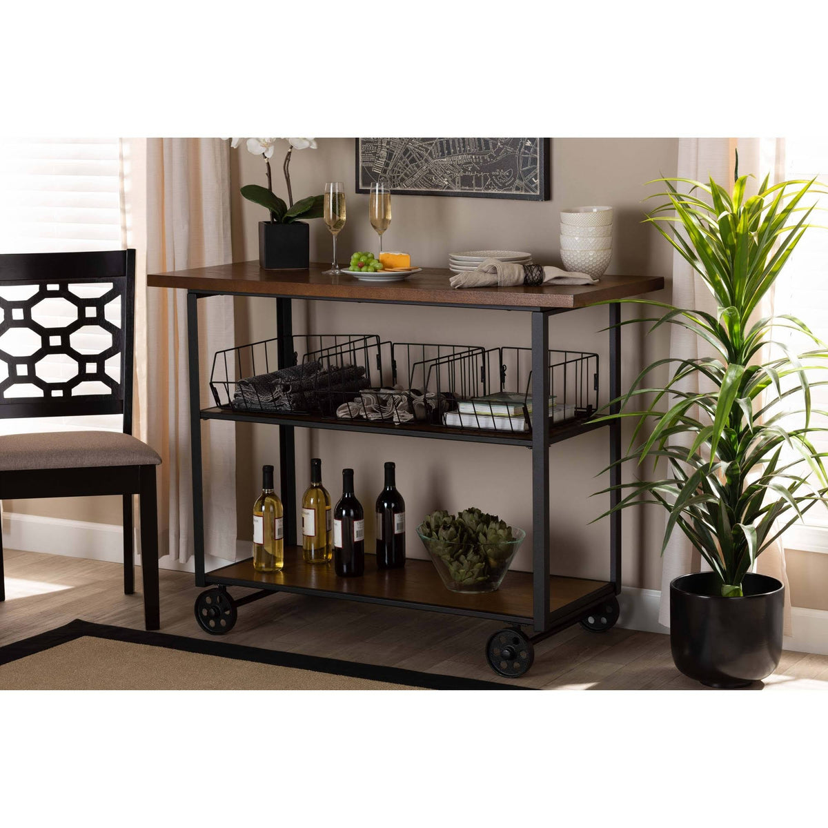Walnut Brown Finished Wood and Black Finished Metal Console Cart J56962