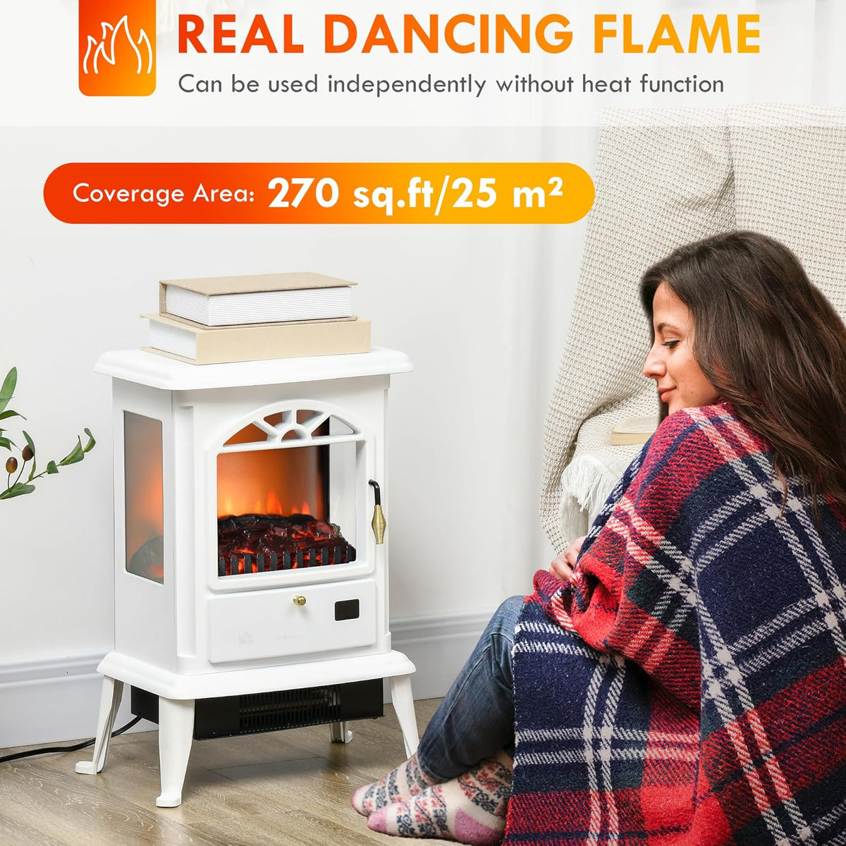 White Electric Infrared Fireplace Stove with Realistic Log Flame F2421