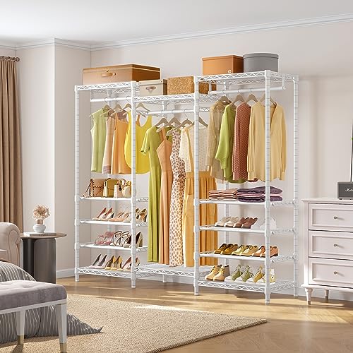 White Heavy Duty Garment Rack with Adjustable Shoe Rack Wire Shelf X2579