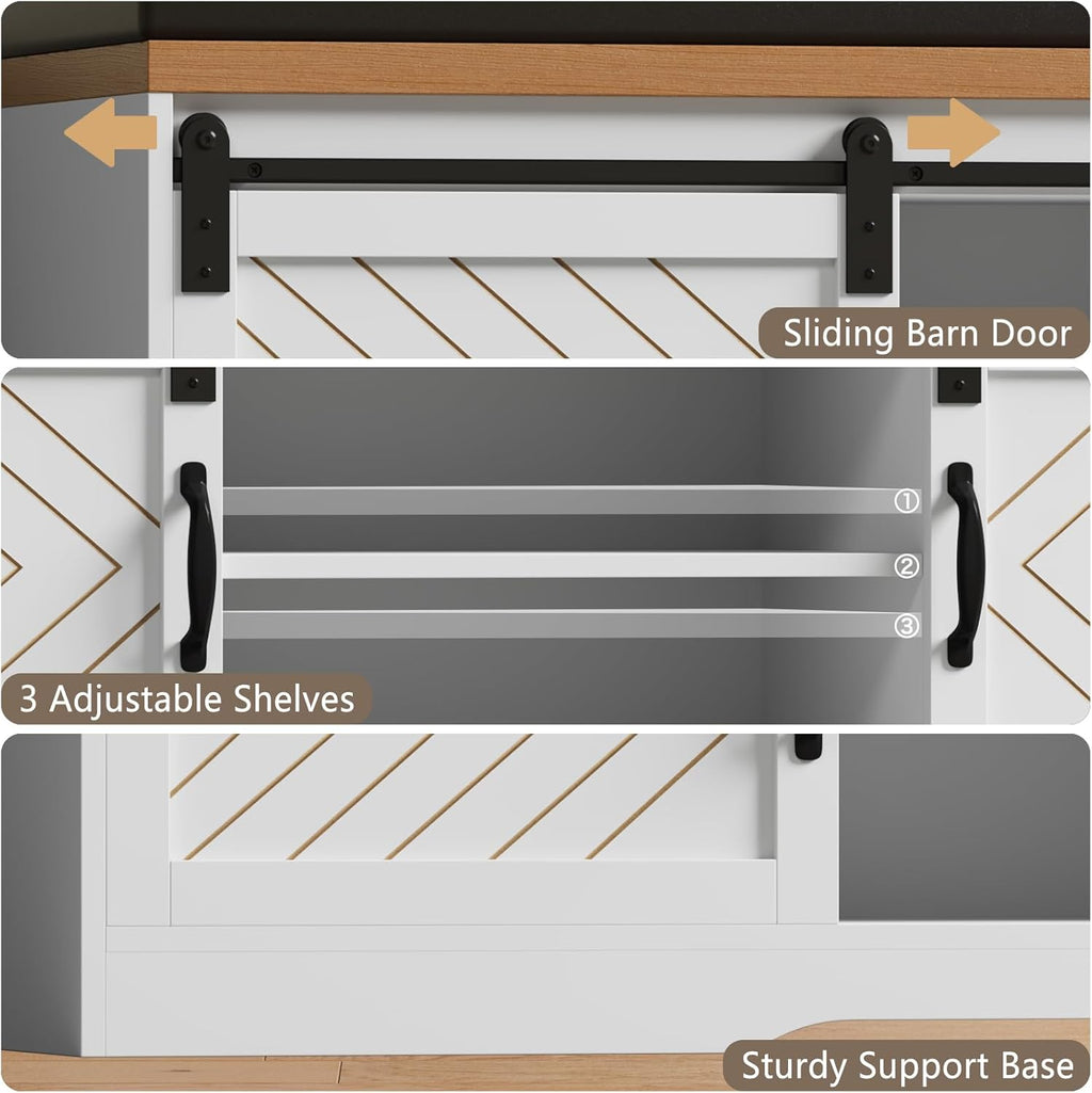 Shoe Storage Bench with Padded Seat Cushion and Sliding Barn Doors R25361
