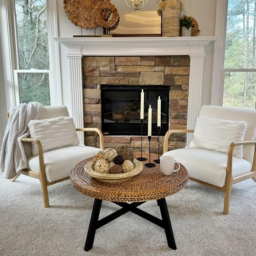 Natural Seagrass Round Coffee Table with Solid Wood Base, 32 x 17 Inches B733834