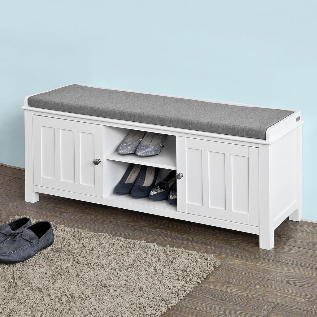 White Shoe Storage Bench with 2 Doors and Removable Seat Cushion W478